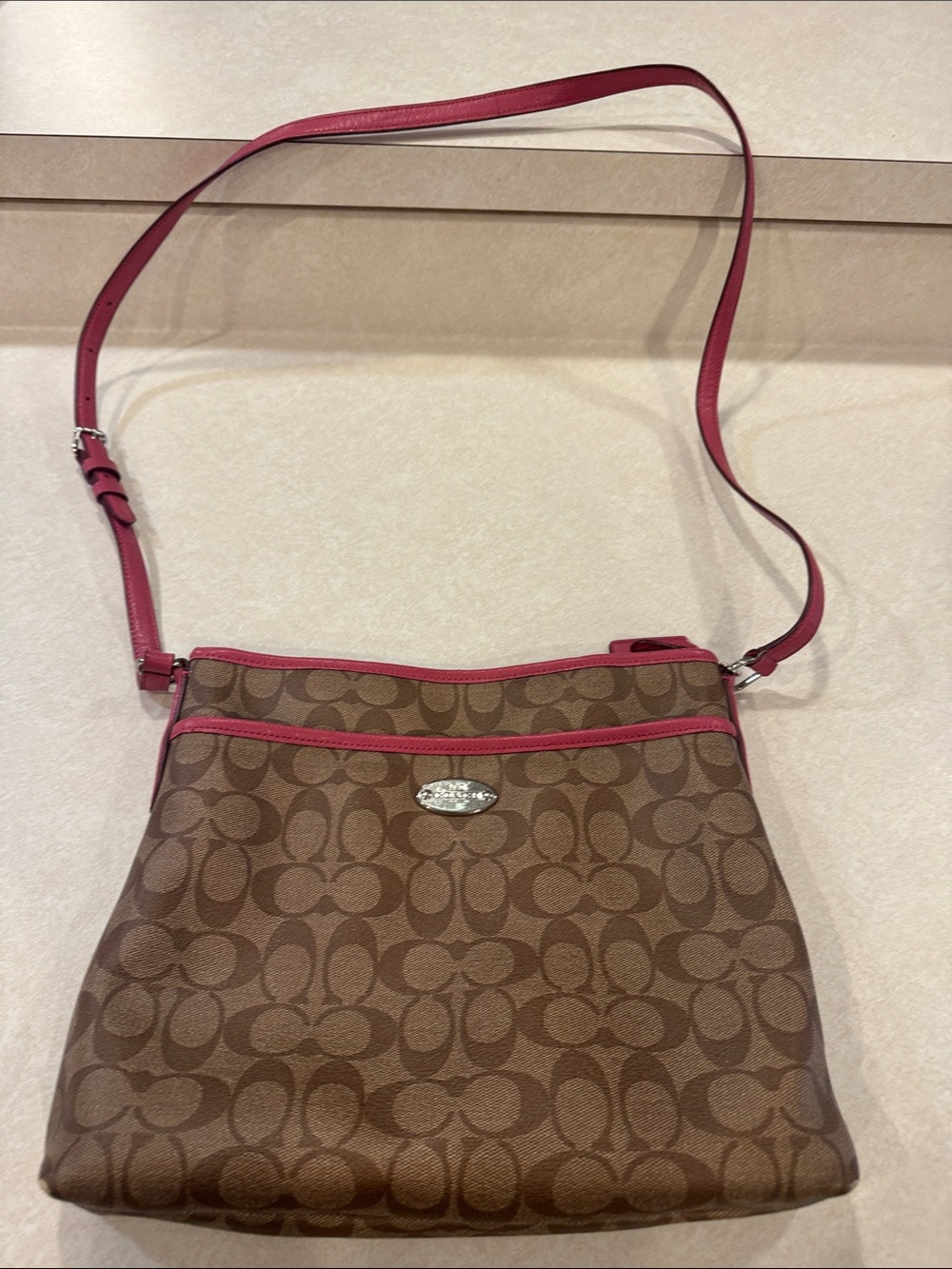 Coach Brown Signature Crossbody with Pink Trim and Strap